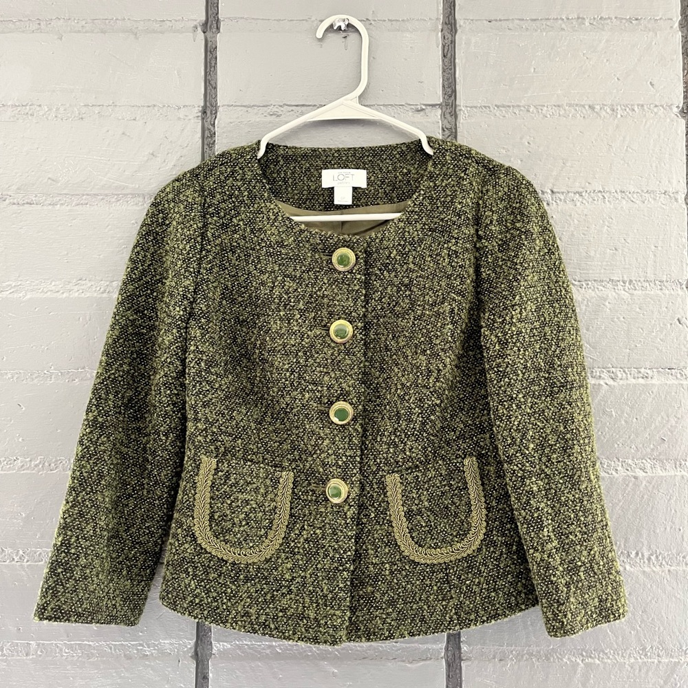 Ann Taylor Vintage Green Tweed Wool Jacket - Chanel esque